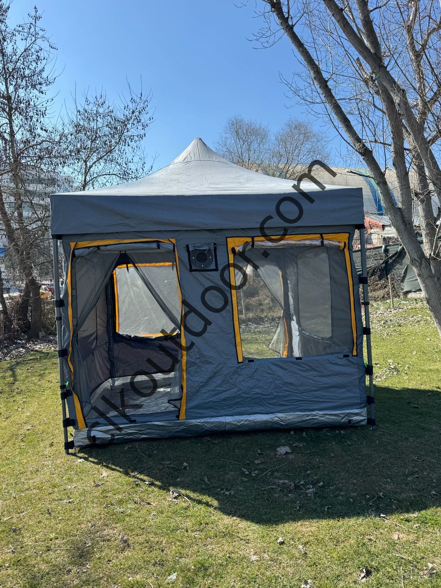 CLK 3x3 mt 40 mm İskelet Yeni Nesil 2 Kapı 4 Pencere Gazebo Portatif Kamp Çadırı Gri Sarı
