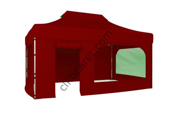 CLK 3x4,5 40mm Alüminyum Katlanabilir Tente Gazebo Çadır 4 Kenar Kapalı Takım Pencereli Kapılı Bordo