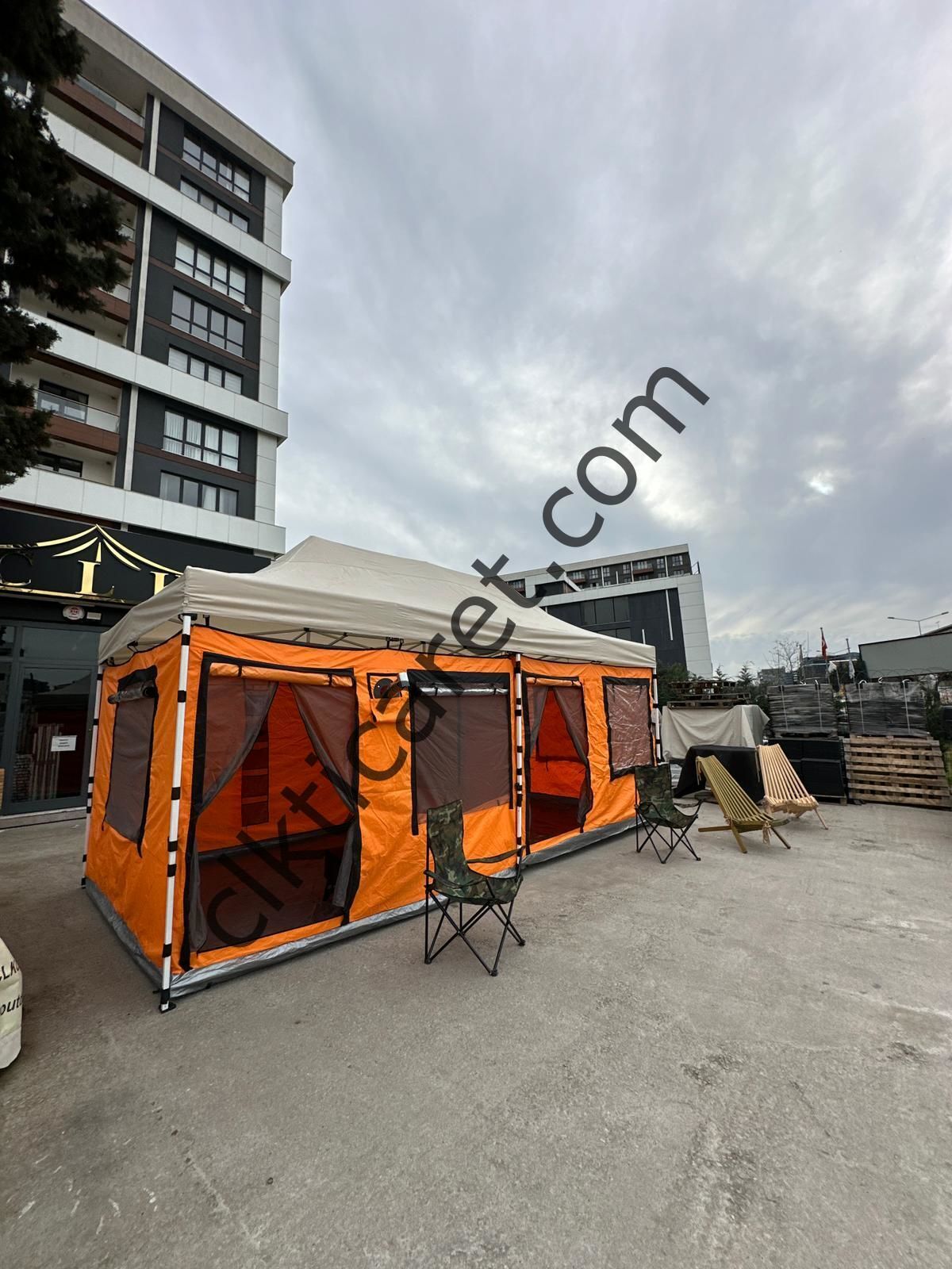 CLK 3x6 Metre 2 Odalı 40 mm Profil Portatif Katlanır Gazebo Kamp Çadır Turuncu Benetton Yeşil