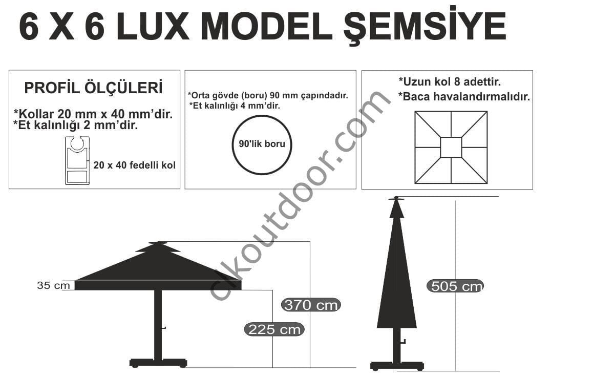 CLK 6x6 Metre Saçaklı LUX Model Krank Sistem Teleskopik Şemsiye Q90 Profil