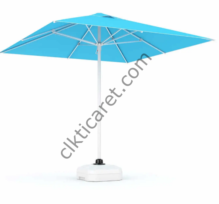 CLK 2,5x2,5 mt Q50 Mega Şemsiye Bahçe Cafe Havuz Otel Plaj Şemsiyeleri Saks Mavi - Metal Hareketli Ayak 4 Mermerli (60x60cm 80 kg)